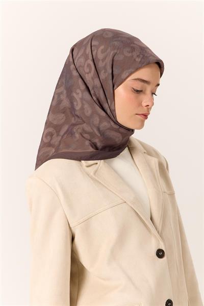 Viskon Karışımlı Velora Eşarp Koyu Vizon-Vizon-Duman Desenli Yumuşak Dokulu Tok Duruşlu 90x90