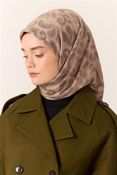 Viskon Karışımlı Velora Eşarp Vizon-Bej-Koyu Vizon Desenli Yumuşak Dokulu Tok Duruşlu 90x90