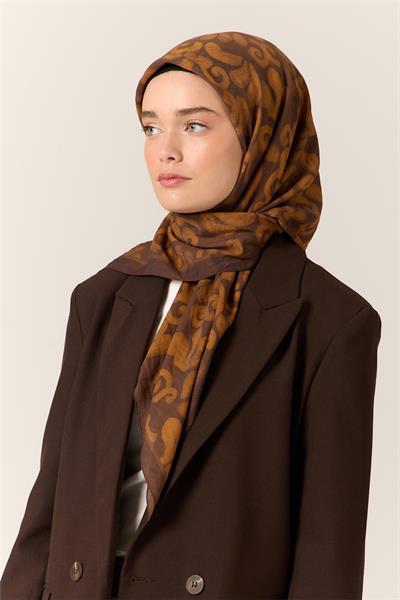 Viskon Karışımlı Velora Eşarp Acı Kahve-Taba Desenli Yumuşak Dokulu Tok Duruşlu 90x90