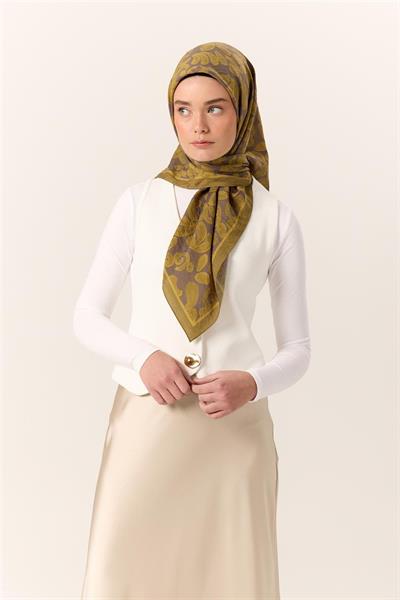 Viskon Karışımlı Velora Eşarp Yeşil-Gri-Yağ Yeşili Desenli İnce Dokulu Dökümlü 90x90