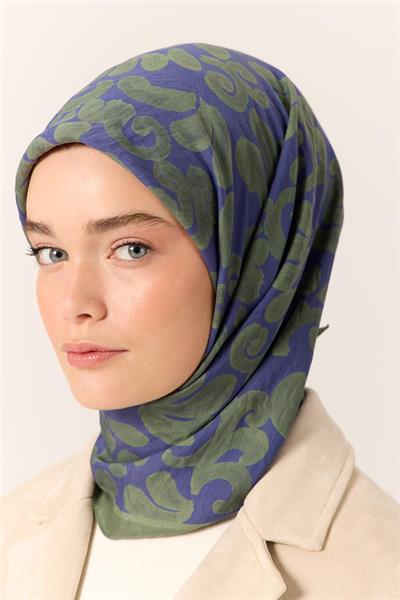 Viskon Karışımlı Velora Eşarp Mor-Yeşil Desenli İnce Dokulu Dökümlü 90x90