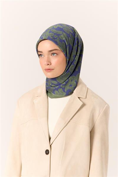 Viskon Karışımlı Velora Eşarp Mor-Yeşil Desenli İnce Dokulu Dökümlü 90x90