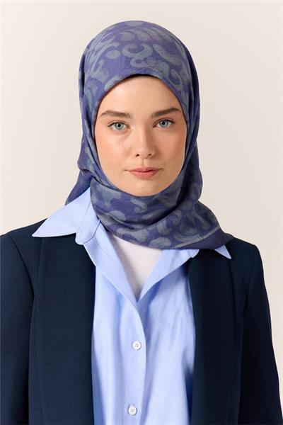 Viskon Karışımlı Velora Eşarp Mor-Gri Desenli İnce Dokulu Dökümlü 90x90