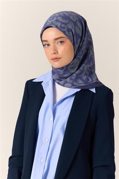 Viskon Karışımlı Velora Eşarp Mor-Gri Desenli İnce Dokulu Dökümlü 90x90