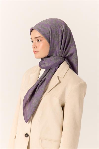 Viskon Karışımlı Velora Eşarp Eflatun-Yeşil Gri Desenli İnce Dokulu Dökümlü 90x90