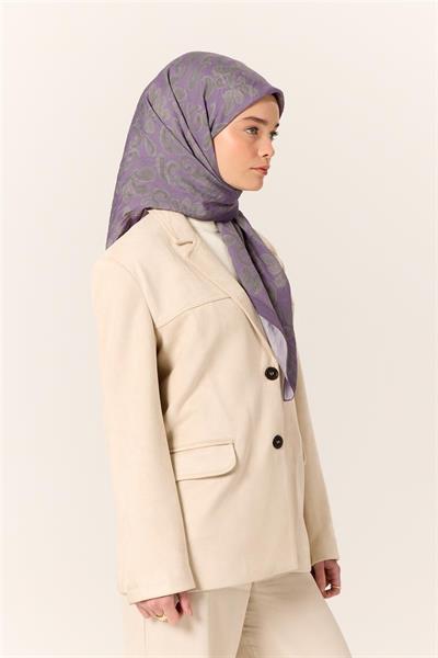 Viskon Karışımlı Velora Eşarp Eflatun-Yeşil Gri Desenli İnce Dokulu Dökümlü 90x90