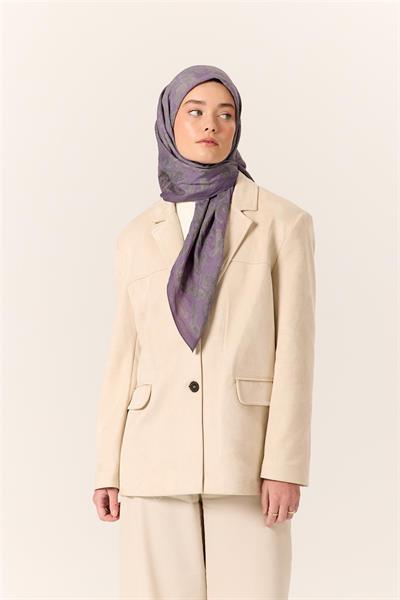 Viskon Karışımlı Velora Eşarp Eflatun-Yeşil Gri Desenli İnce Dokulu Dökümlü 90x90