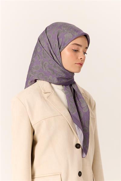 Viskon Karışımlı Velora Eşarp Eflatun-Yeşil Gri Desenli İnce Dokulu Dökümlü 90x90