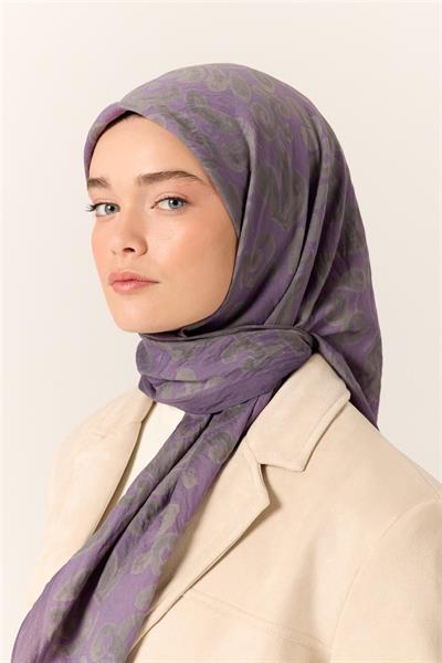 Viskon Karışımlı Velora Eşarp Eflatun-Yeşil Gri Desenli İnce Dokulu Dökümlü 90x90