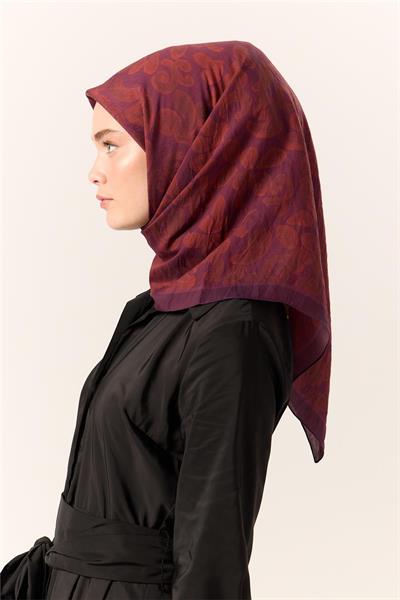 Viskon Karışımlı Velora Eşarp Mürdüm-Bordo-Kiremit Desenli İnce Dokulu Dökümlü 90x90