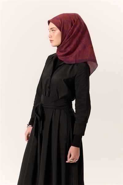 Viskon Karışımlı Velora Eşarp Mürdüm-Bordo-Kiremit Desenli İnce Dokulu Dökümlü 90x90