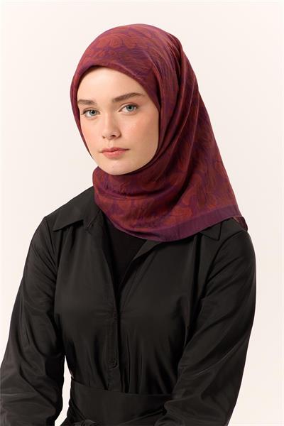 Viskon Karışımlı Velora Eşarp Mürdüm-Bordo-Kiremit Desenli İnce Dokulu Dökümlü 90x90