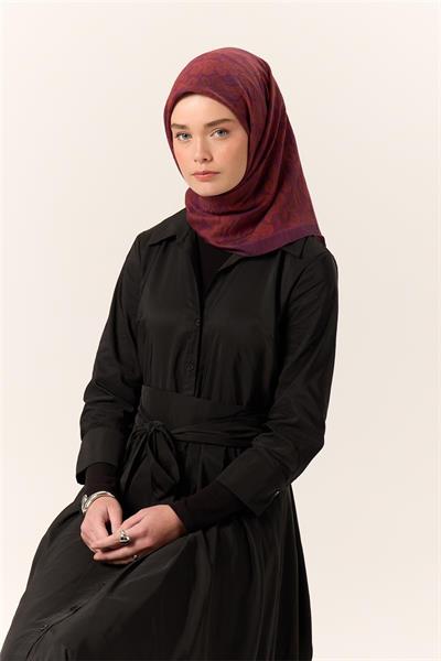 Viskon Karışımlı Velora Eşarp Mürdüm-Bordo-Kiremit Desenli İnce Dokulu Dökümlü 90x90