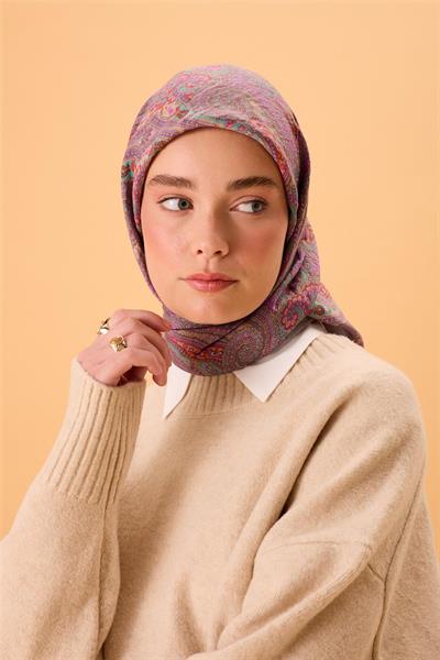 Viskon Karışımlı Velora Eşarp Duman-Leylak-Turuncu-Turkuaz Desenli İnce Dokulu Dökümlü 90x90