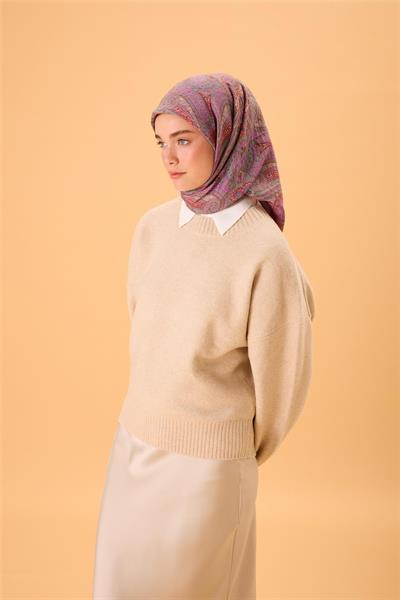 Viskon Karışımlı Velora Eşarp Duman-Leylak-Turuncu-Turkuaz Desenli İnce Dokulu Dökümlü 90x90