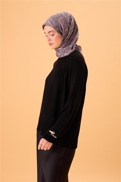 Viskon Karışımlı Velora Eşarp Gri-Krem-Koyu Gri Desenli İnce Dokulu Dökümlü 90x90