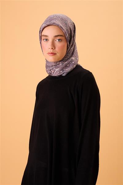 Viskon Karışımlı Velora Eşarp Gri-Krem-Koyu Gri Desenli İnce Dokulu Dökümlü 90x90