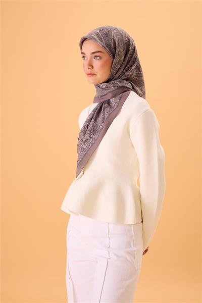 Viskon Karışımlı Velora Eşarp Duman-Gri-Krem Desenli İnce Dokulu Dökümlü 90x90