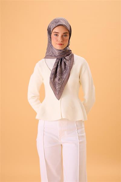 Viskon Karışımlı Velora Eşarp Duman-Gri-Krem Desenli İnce Dokulu Dökümlü 90x90