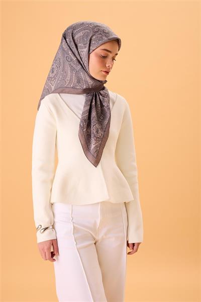 Viskon Karışımlı Velora Eşarp Duman-Gri-Krem Desenli İnce Dokulu Dökümlü 90x90