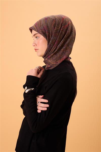 Viskon Karışımlı Velora Eşarp Koyu Mor-Fuşya Çelik Mavi Desenli Tok Duruşlu 90x90