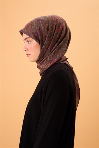 Viskon Karışımlı Velora Eşarp Koyu Mor-Fuşya Çelik Mavi Desenli Tok Duruşlu 90x90