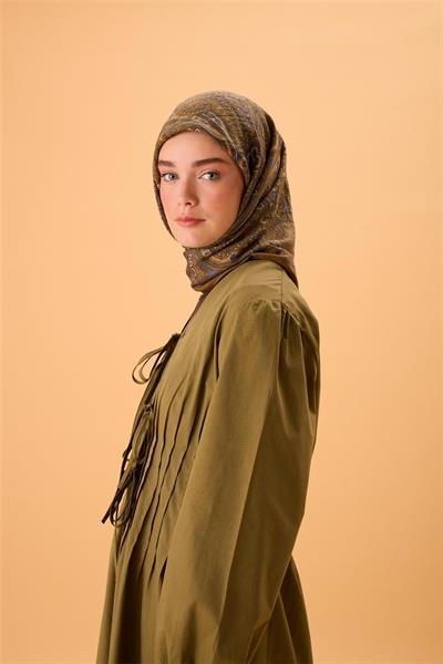 Viskon Karışımlı Velora Eşarp Koyu Gri-Olive İndigo Krem Desenli Tok Duruşlu 90x90
