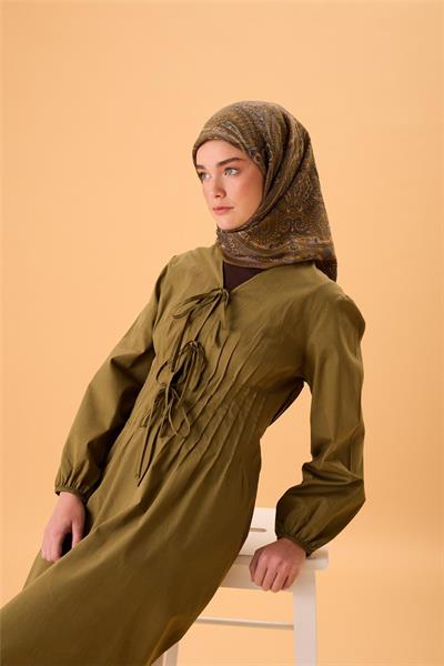 Viskon Karışımlı Velora Eşarp Koyu Gri-Olive İndigo Krem Desenli Tok Duruşlu 90x90