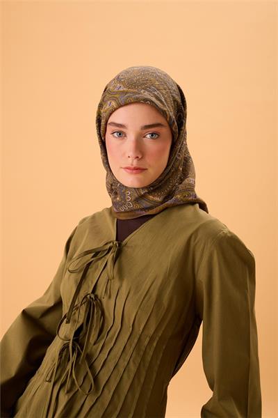 Viskon Karışımlı Velora Eşarp Koyu Gri-Olive İndigo Krem Desenli Tok Duruşlu 90x90
