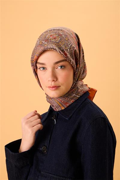 Viskon Karışımlı Velora Eşarp Narçiçeği-Sarı Turuncu Pudra Desenli Tok Duruşlu 90x90