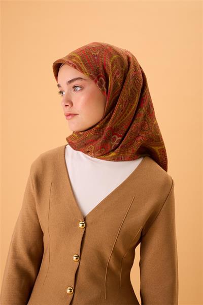 Viskon Karışımlı Velora Eşarp Kına Yeşili-Yağ Yeşili Narçiçeği Asit Desenli Tok Duruşlu 90x90