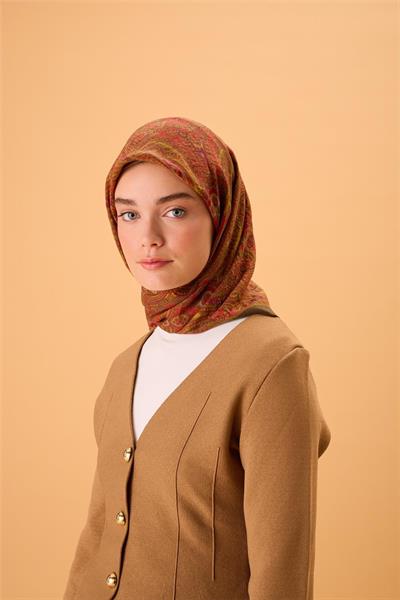 Viskon Karışımlı Velora Eşarp Kına Yeşili-Yağ Yeşili Narçiçeği Asit Desenli Tok Duruşlu 90x90