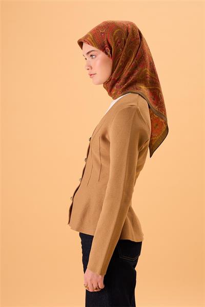 Viskon Karışımlı Velora Eşarp Kına Yeşili-Yağ Yeşili Narçiçeği Asit Desenli Tok Duruşlu 90x90