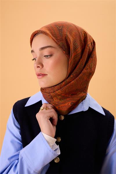 Viskon Karışımlı Velora Eşarp Yeşil Kahve-Turuncu Asit Desenli Tok Duruşlu 90x90