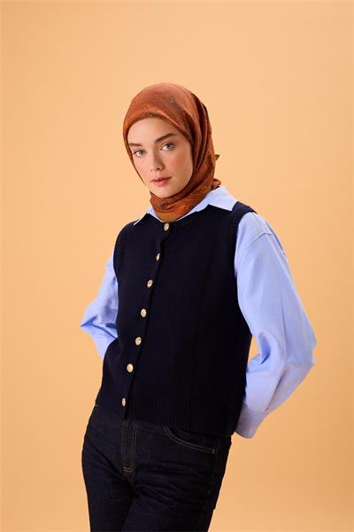 Viskon Karışımlı Velora Eşarp Yeşil Kahve-Turuncu Asit Desenli Tok Duruşlu 90x90