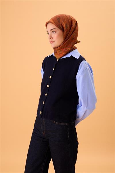 Viskon Karışımlı Velora Eşarp Yeşil Kahve-Turuncu Asit Desenli Tok Duruşlu 90x90