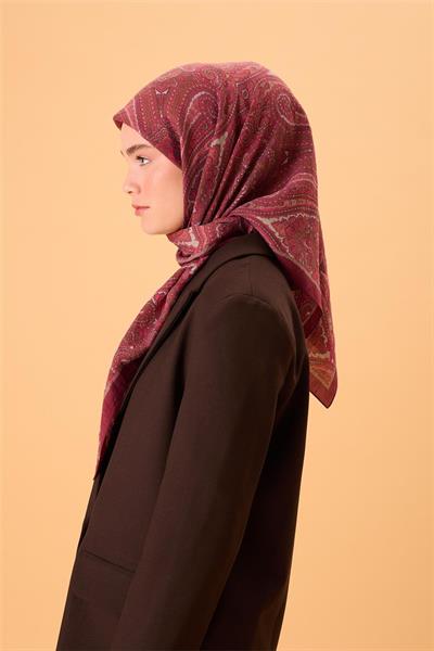 Viskon Karışımlı Velora Eşarp Mürdüm-Vizon Yeşil Gümüş Pembe Desenli Tok Duruşlu 90x90