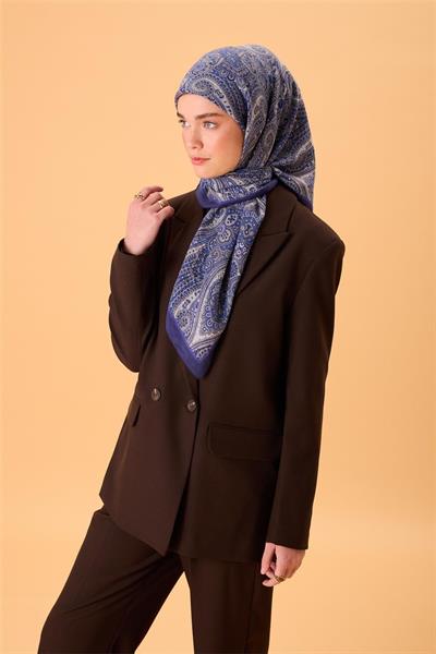 Viskon Karışımlı Velora Eşarp Morcivert-Mavi Lila Gümüş Desenli Tok Duruşlu 90x90