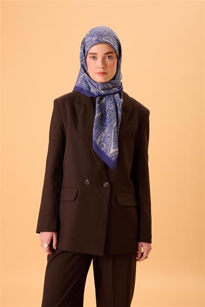 Viskon Karışımlı Velora Eşarp Morcivert-Mavi Lila Gümüş Desenli Tok Duruşlu 90x90