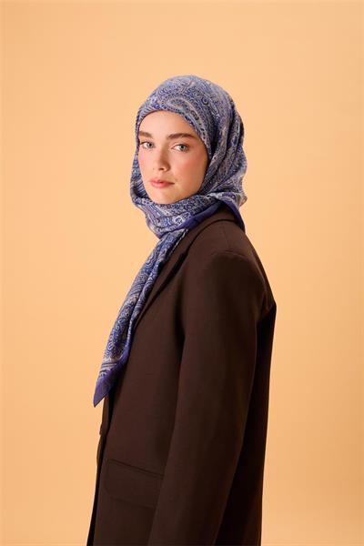 Viskon Karışımlı Velora Eşarp Morcivert-Mavi Lila Gümüş Desenli Tok Duruşlu 90x90