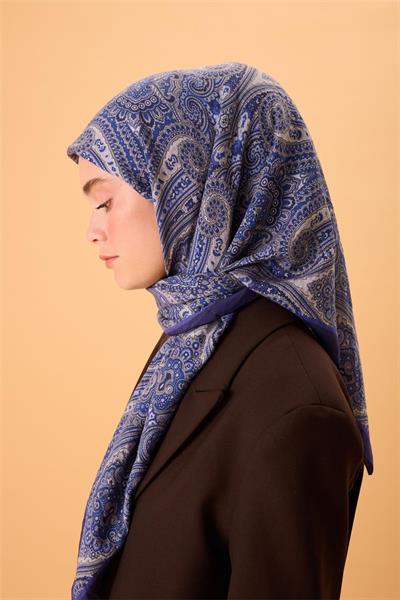 Viskon Karışımlı Velora Eşarp Morcivert-Mavi Lila Gümüş Desenli Tok Duruşlu 90x90