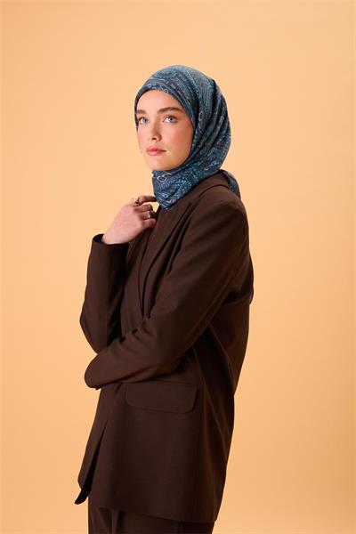 Viskon Karışımlı Velora Eşarp Antrasit-Gök Mavi Petrol Yeşili Desenli Tok Duruşlu 90x90