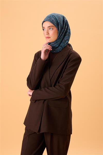 Viskon Karışımlı Velora Eşarp Antrasit-Gök Mavi Petrol Yeşili Desenli Tok Duruşlu 90x90