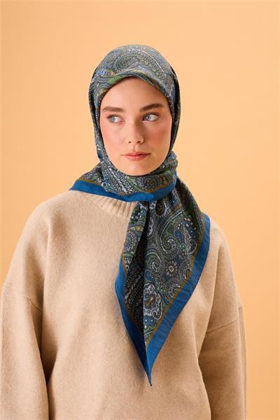 Viskon Karışımlı Velora Eşarp Mavi-Hardal Yeşil Desenli Tok Duruşlu 90x90