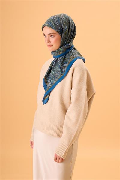 Viskon Karışımlı Velora Eşarp Mavi-Hardal Yeşil Desenli Tok Duruşlu 90x90
