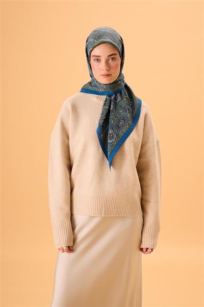 Viskon Karışımlı Velora Eşarp Mavi-Hardal Yeşil Desenli Tok Duruşlu 90x90