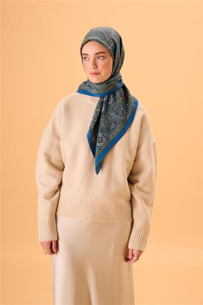 Viskon Karışımlı Velora Eşarp Mavi-Hardal Yeşil Desenli Tok Duruşlu 90x90