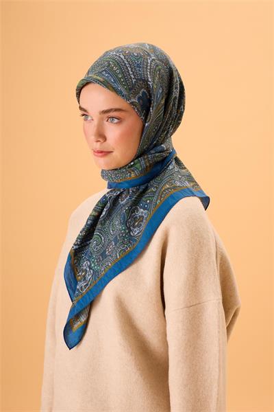 Viskon Karışımlı Velora Eşarp Mavi-Hardal Yeşil Desenli Tok Duruşlu 90x90
