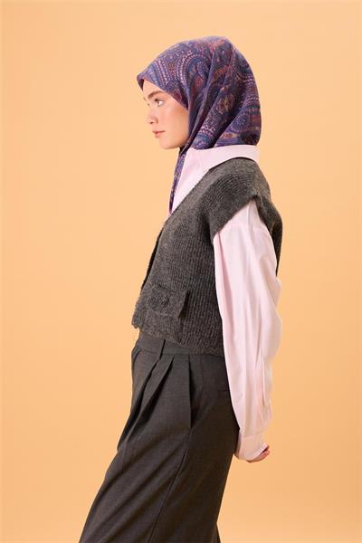 Viskon Karışımlı Velora Eşarp Mor-Somon Pudra Yeşil Desenli Tok Duruşlu 90x90