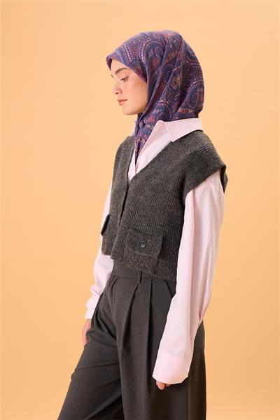 Viskon Karışımlı Velora Eşarp Mor-Somon Pudra Yeşil Desenli Tok Duruşlu 90x90